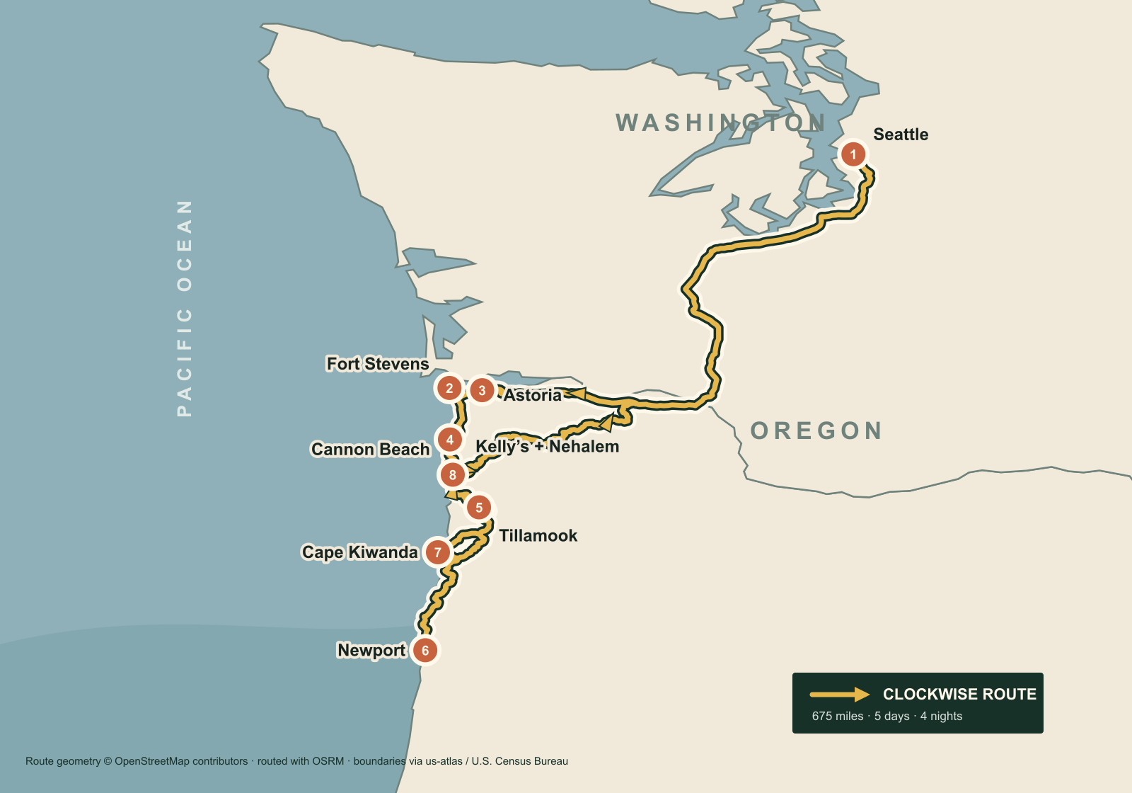 Map of the clockwise road-trip route from Seattle through Astoria, Cannon Beach, Tillamook, Newport, Cape Kiwanda, and Nehalem Bay